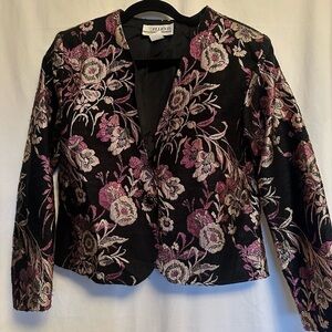 Ellen D 80’s Vtg Jacket Floral Metallic Black Multi Collarless V-Neck L Fits Med